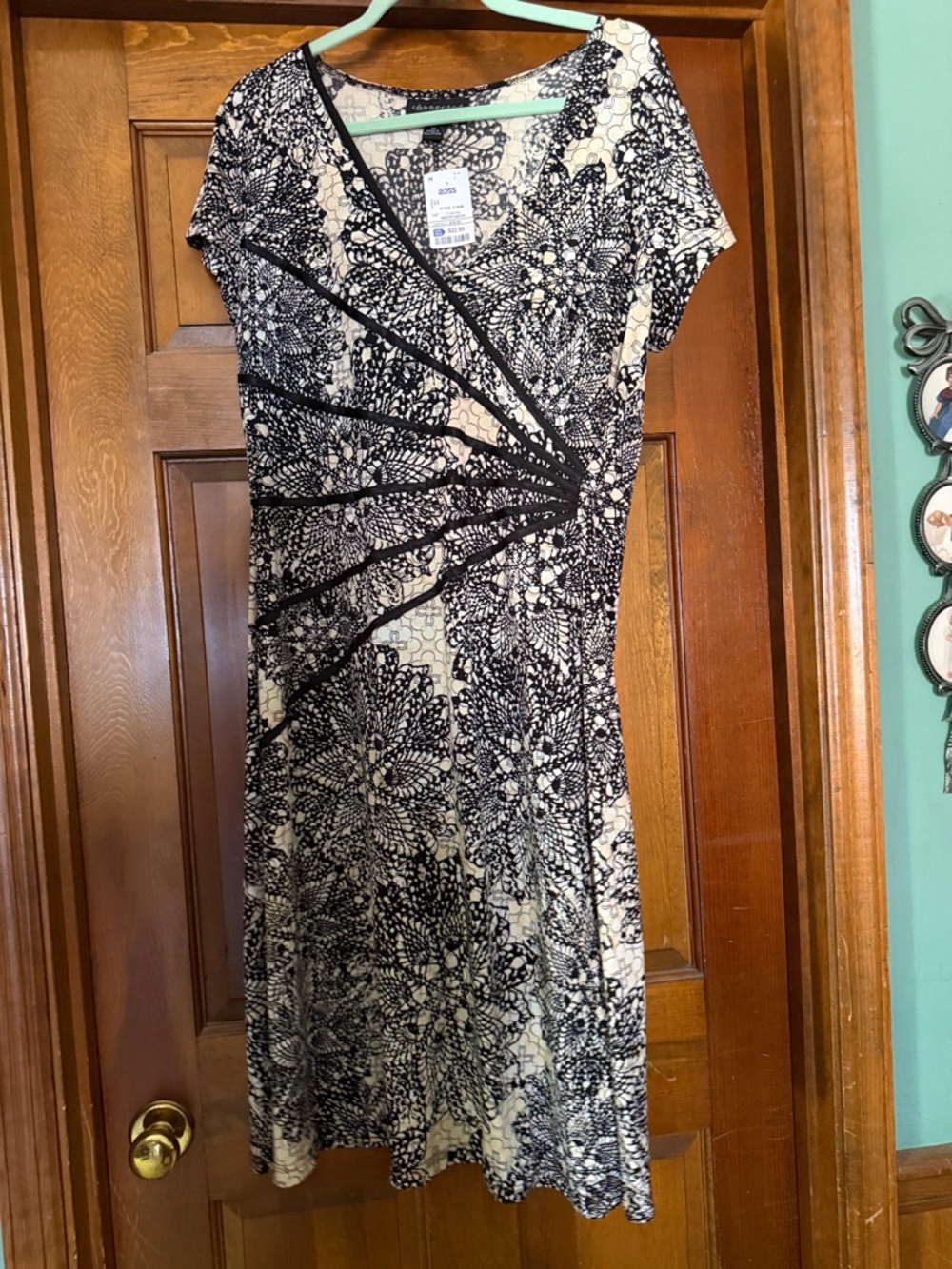 connected apparel Black and Cream Floral-Print Midi Faux Wrap Dress